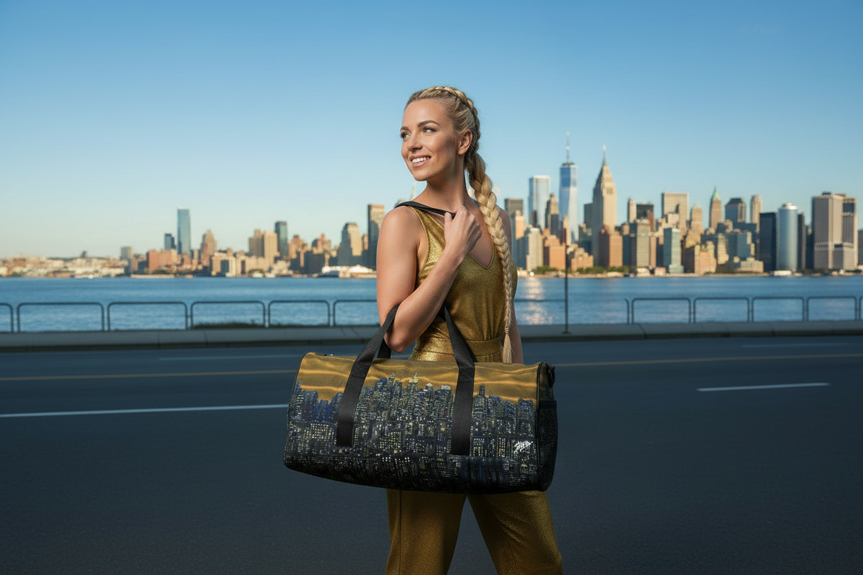 Female hold a brown Loria NYC Art duffel bag with a city skyline.