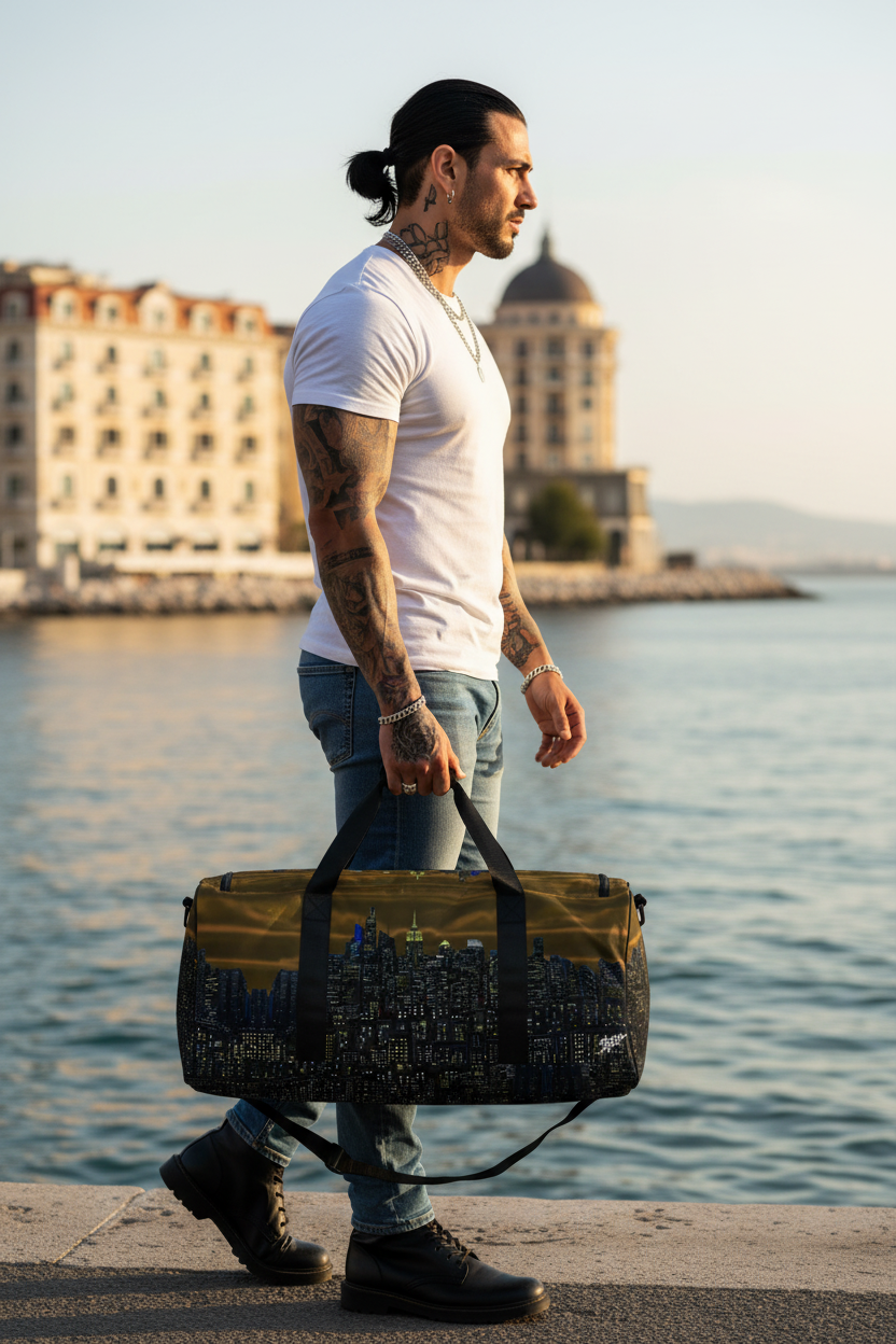 Man walking along water carrying a brown Loria NYC Art duffle bag.