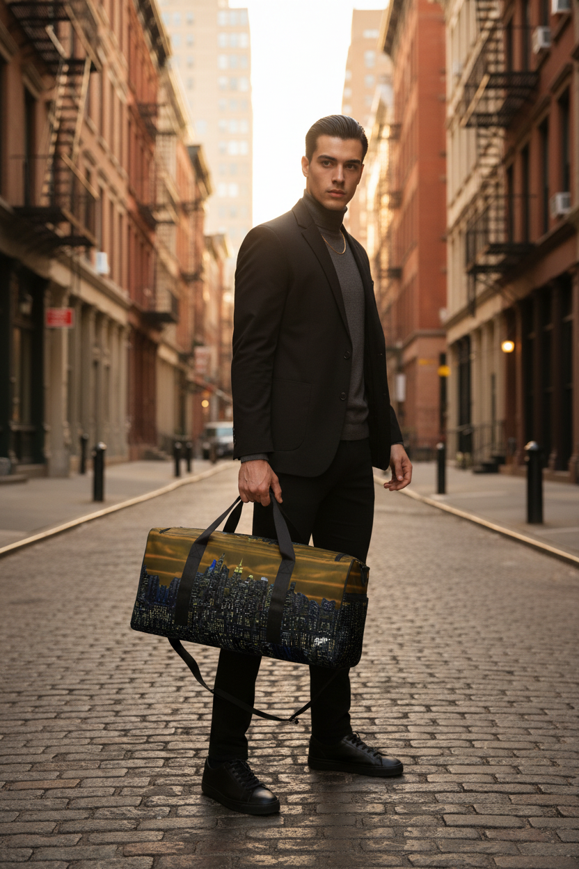 Man in a suit holding a Loria NYC Art duffel bag on a city street