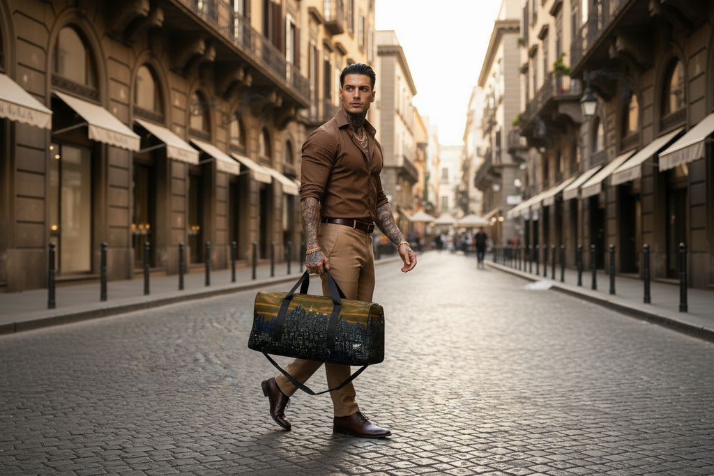 Man walking with a brown Loria NYC Art duffle bag in an urban background.