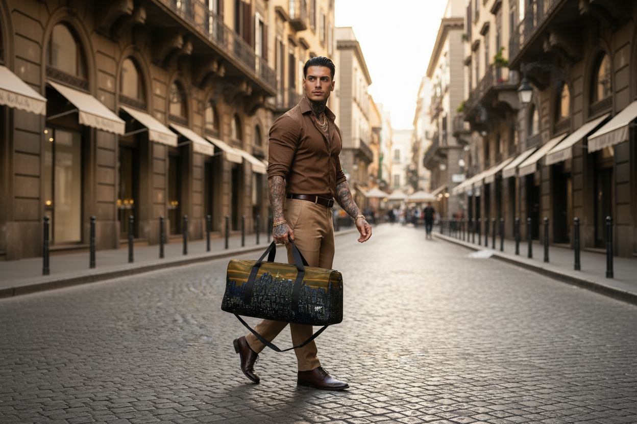 Man walking with a brown Loria NYC Art duffle bag in an urban background.