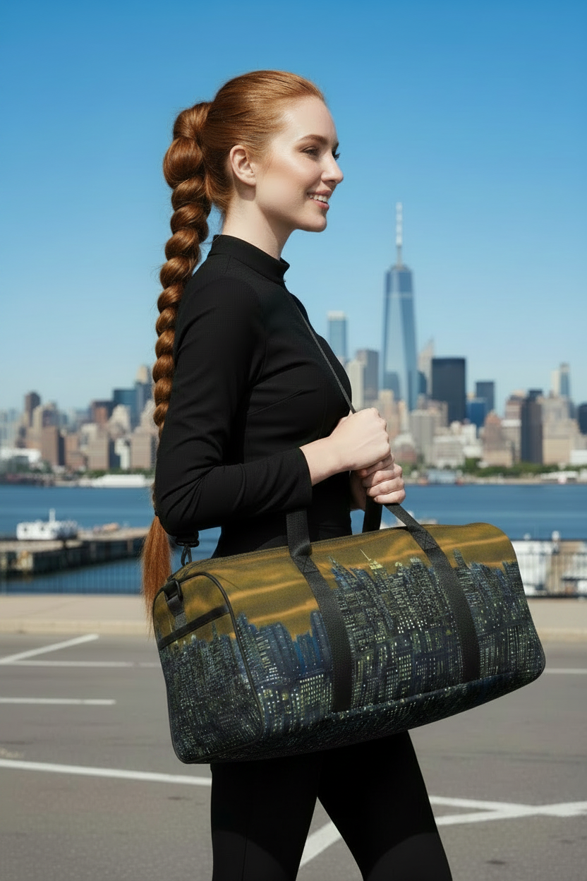 Woman holding a large bag with a cityscape Loria NYC Art design, standing in front of a city skyline.