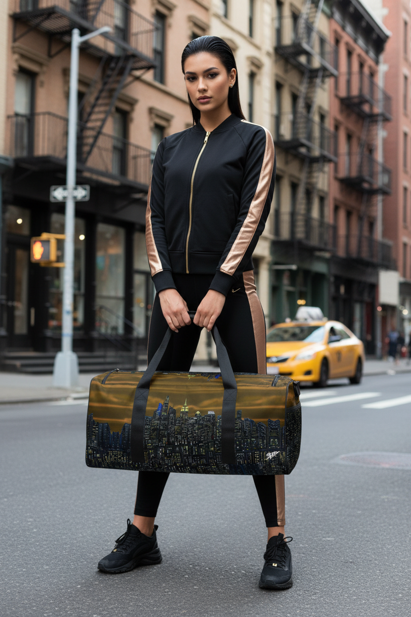 Woman holding a duffel bag with a cityscape Loria NYC Art design on a city street.