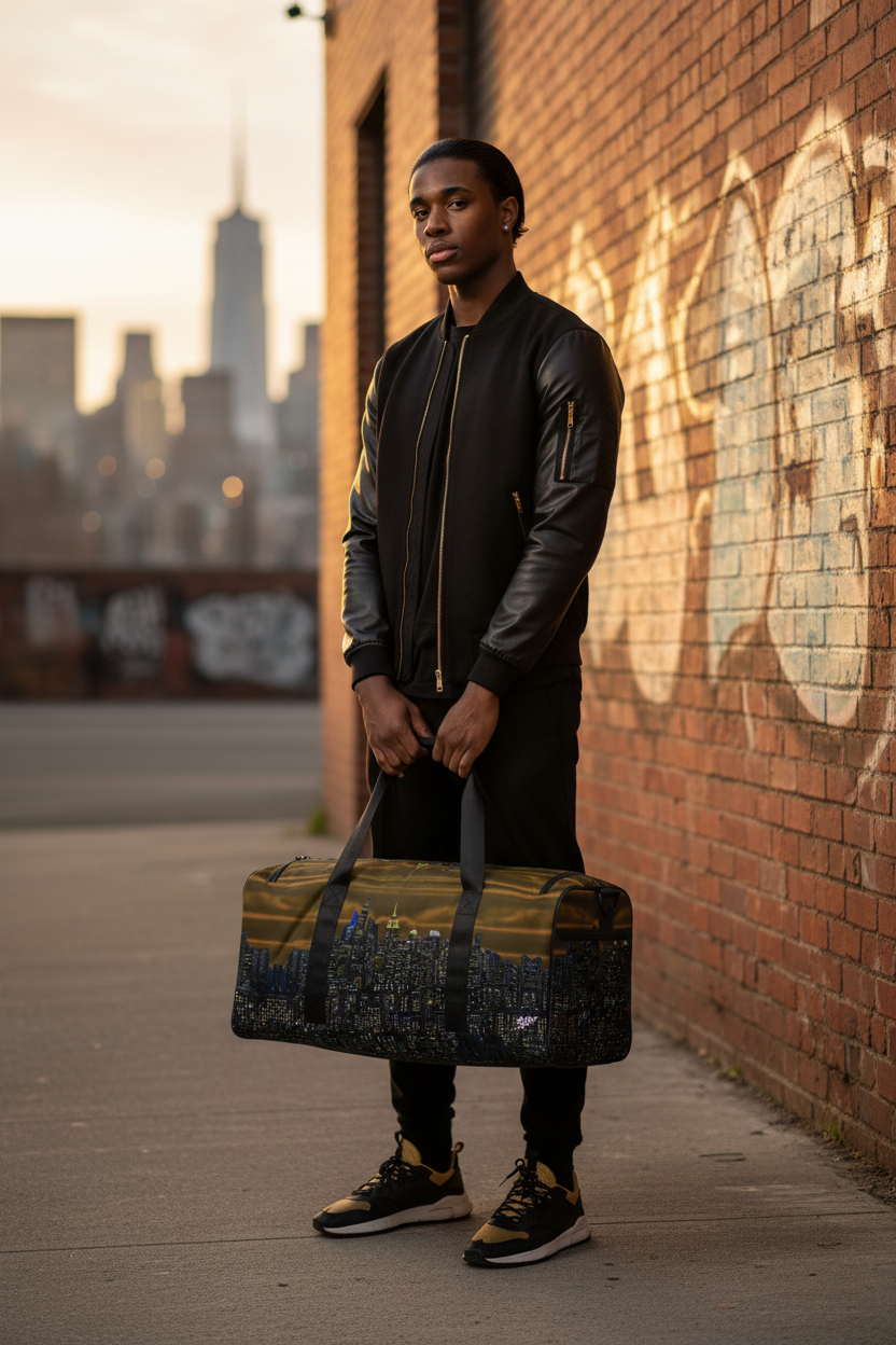 Man holding a Loria NYC Art duffel bag against a graffiti-covered brick wall with a cityscape in the background.