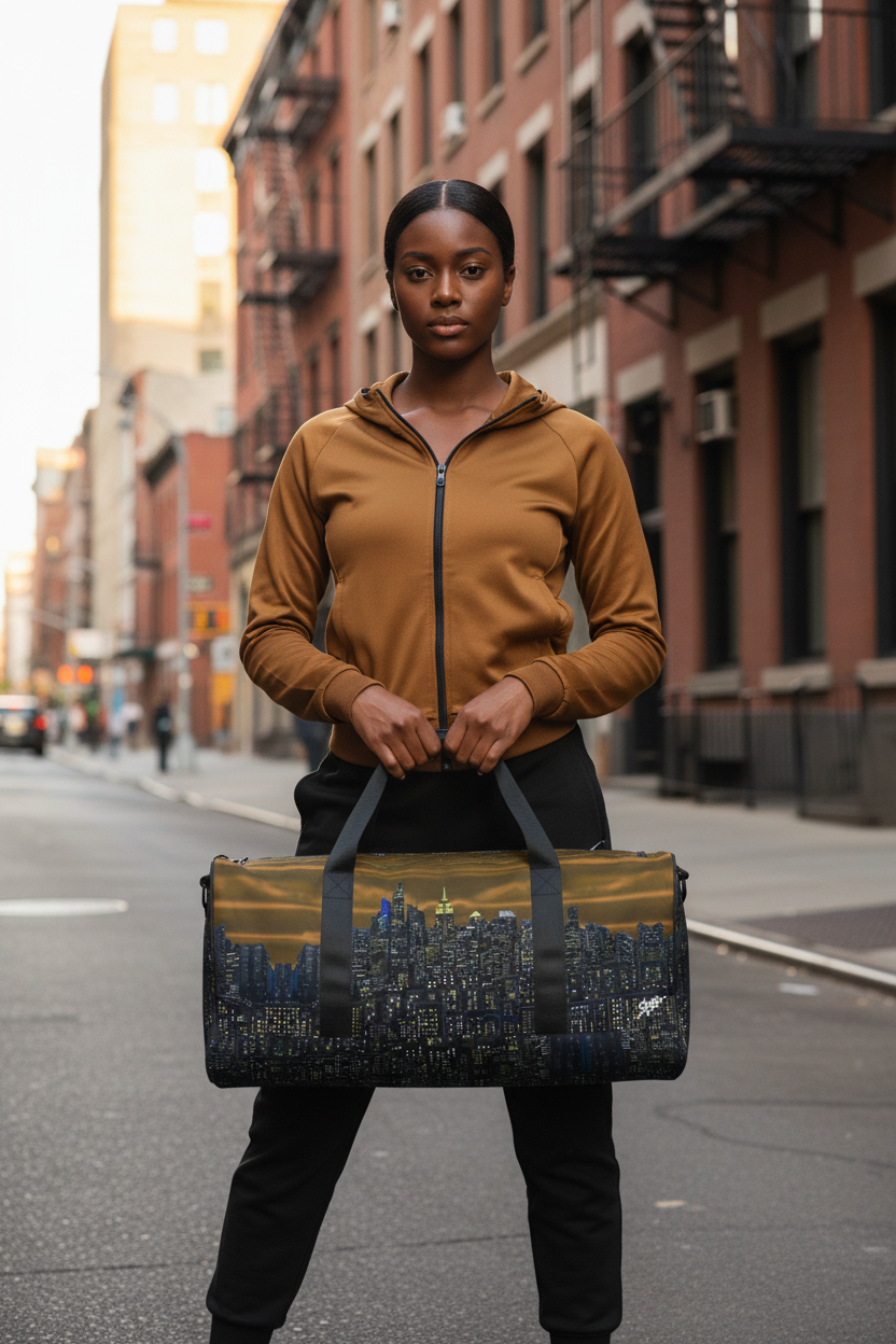 Person holding a Loria NYC Art duffel bag on a city street