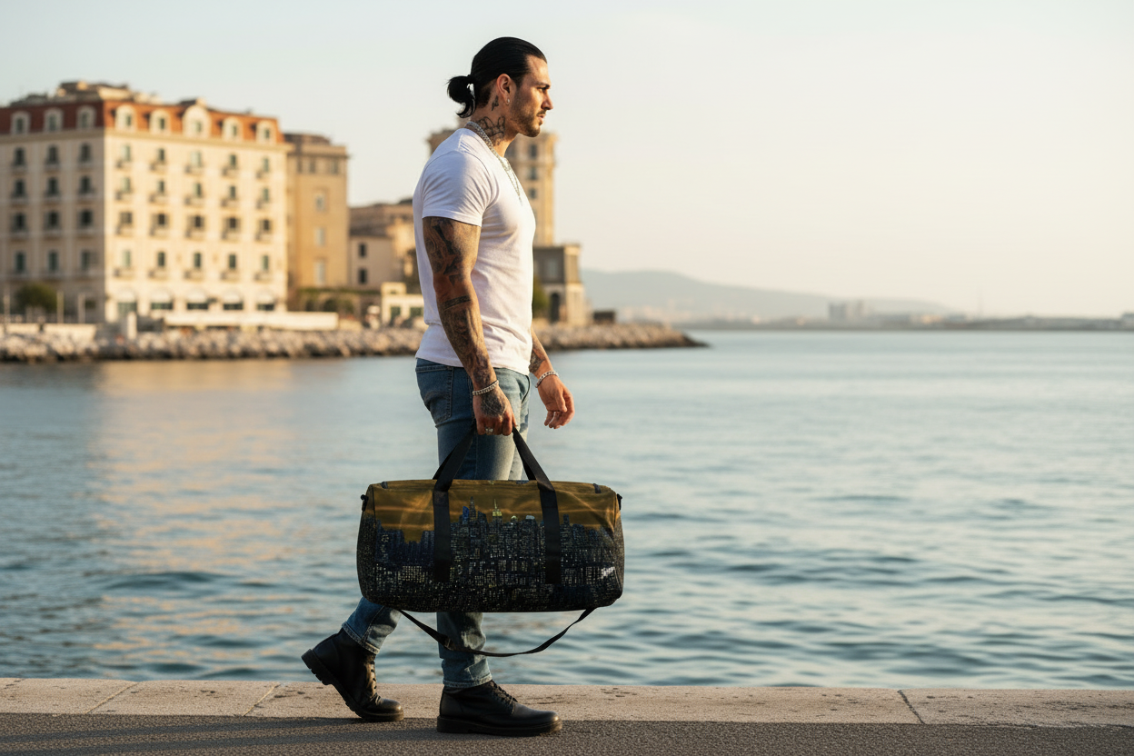 Man walking along a waterfront with a Loria NYC Art duffel bag, buildings in the background