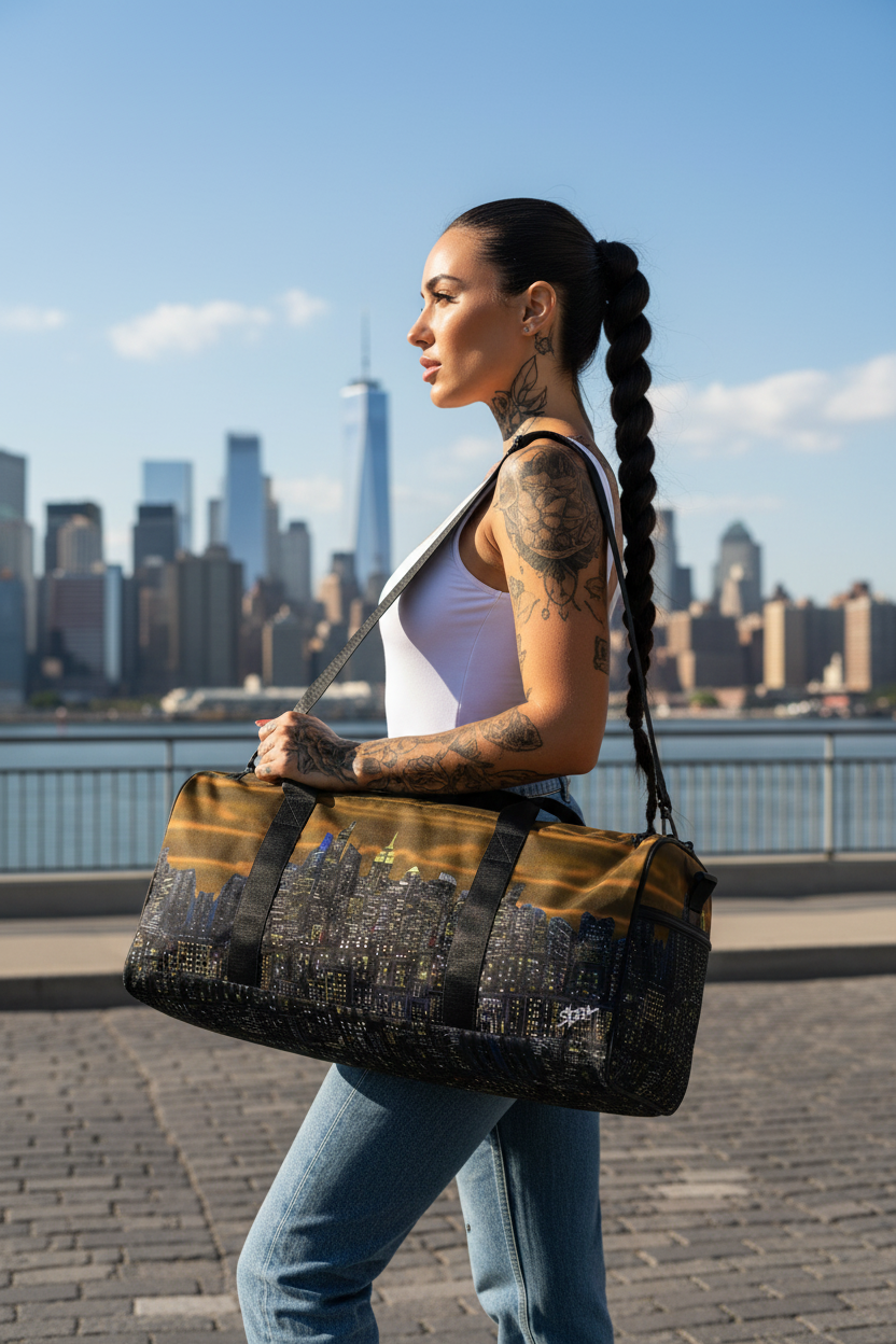 Woman holding a Loria NYC Art duffel bag with a city skyline in the background