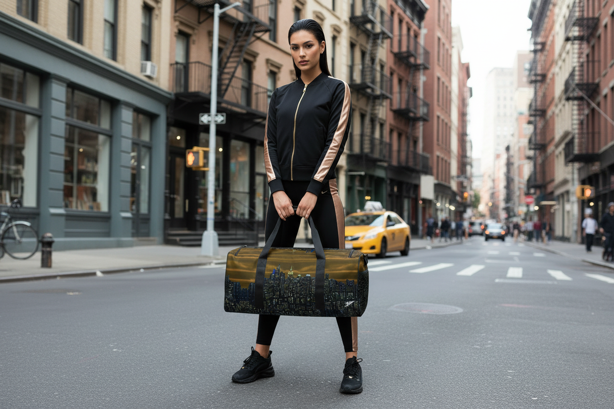 Female holding onto a brown Loria NYC Art duffel in an urban setting.