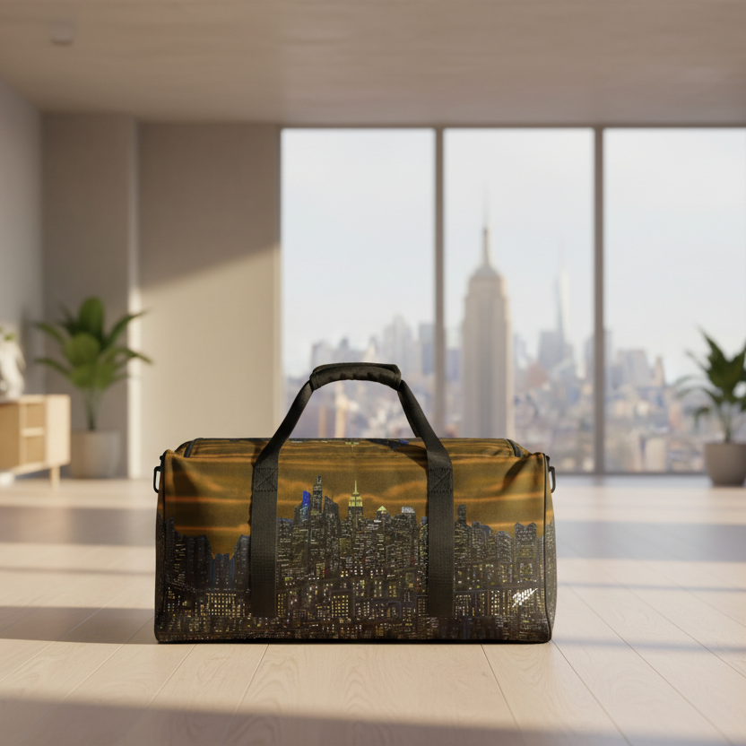 Duffle Bag with  Skyline scene designed by Loria NYC Art In living room setting