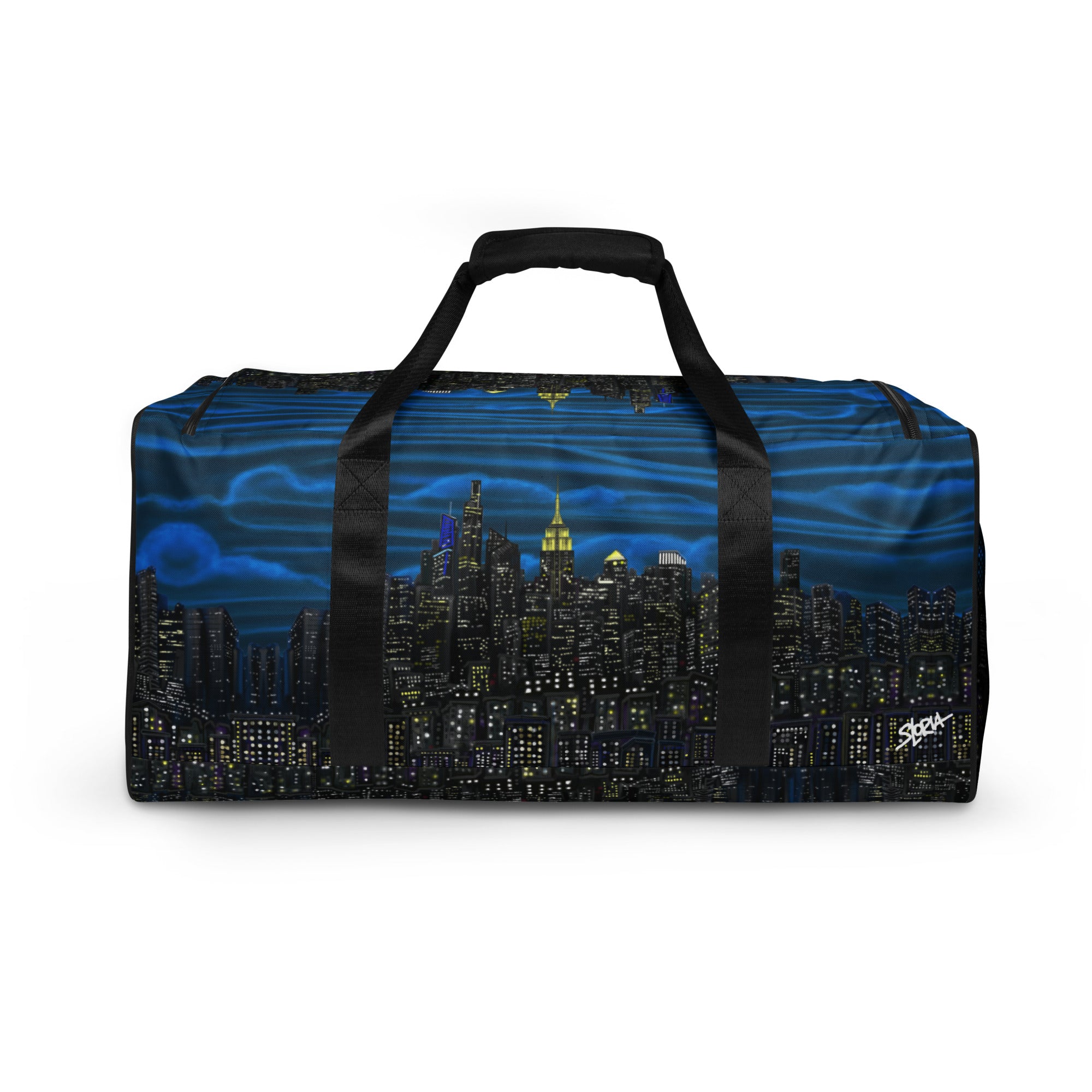 Duffle bag with cityscape Loria NYC Art design on a white background