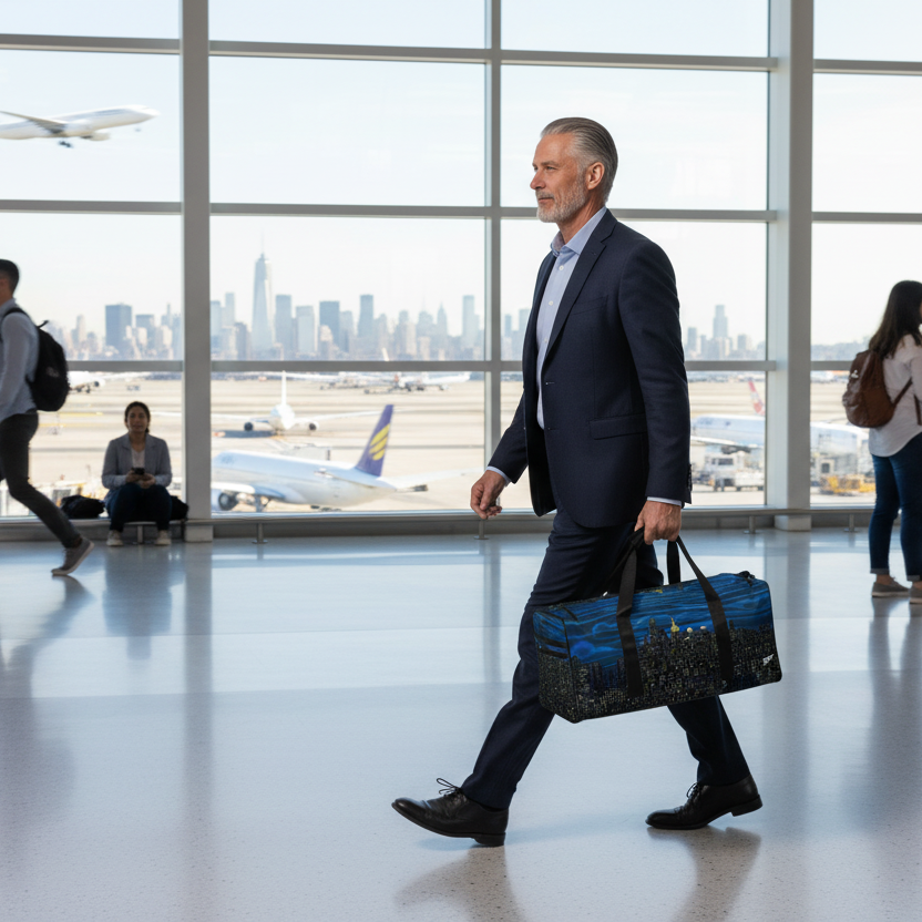 Man walking with a duffle bag with Loria NYC Art design on it in an airport terminal
