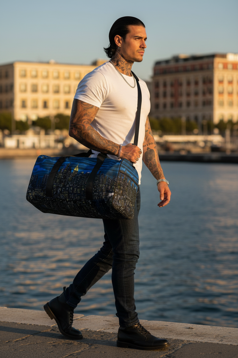 Man walking with a blue Loria NYC Art duffle bag in an outside Italian  setting 