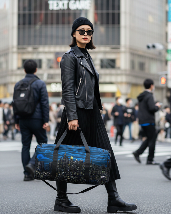 Girl carrying a Loria NYC Art designed duffle bag in Tokyo Japan