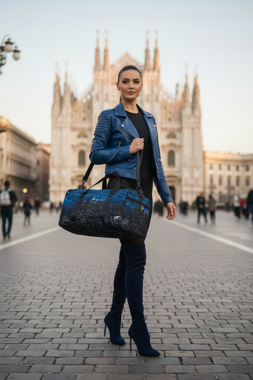 Women walking with a blue Loria NYC Art skyline duffle bag in an Italian setting 