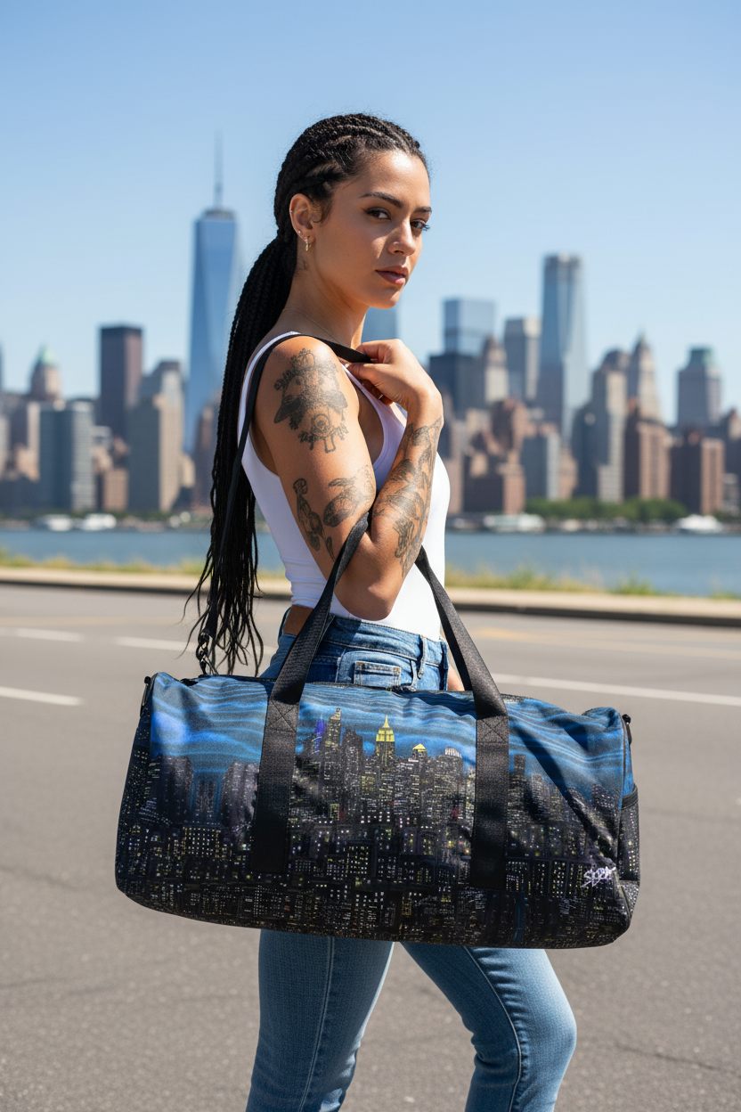 Female holding a blue Loria NYC Art duffel bag with a city skyline in the background.