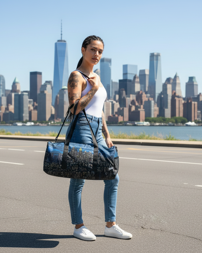 Female holding a blue Loria NYC Art duffel bag in a city skyline setting.