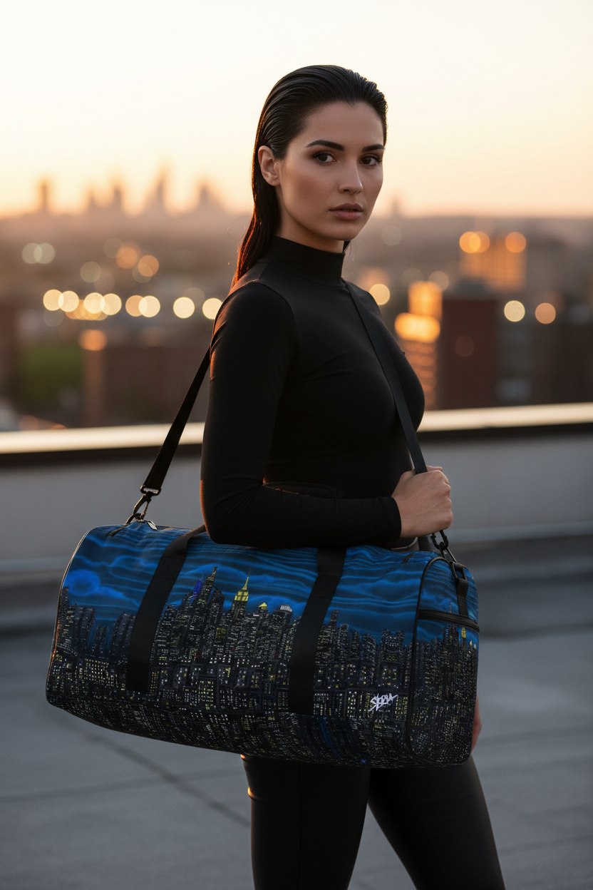 Woman holding a blue and black Loria NYC Art duffel bag on a rooftop with cityscape in the background