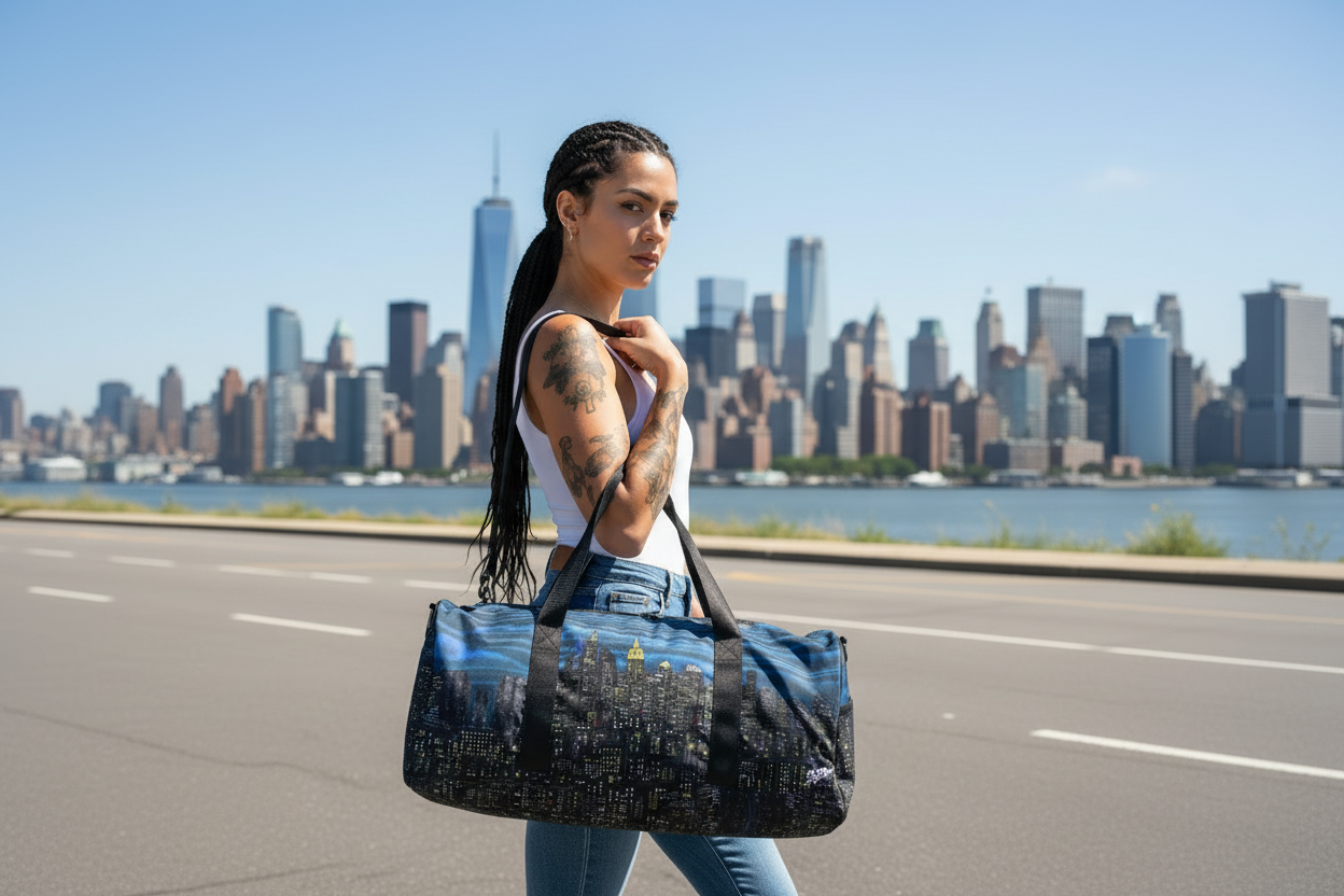 Female holding a blue Loria NYC Art duffel bag in a city setting.
