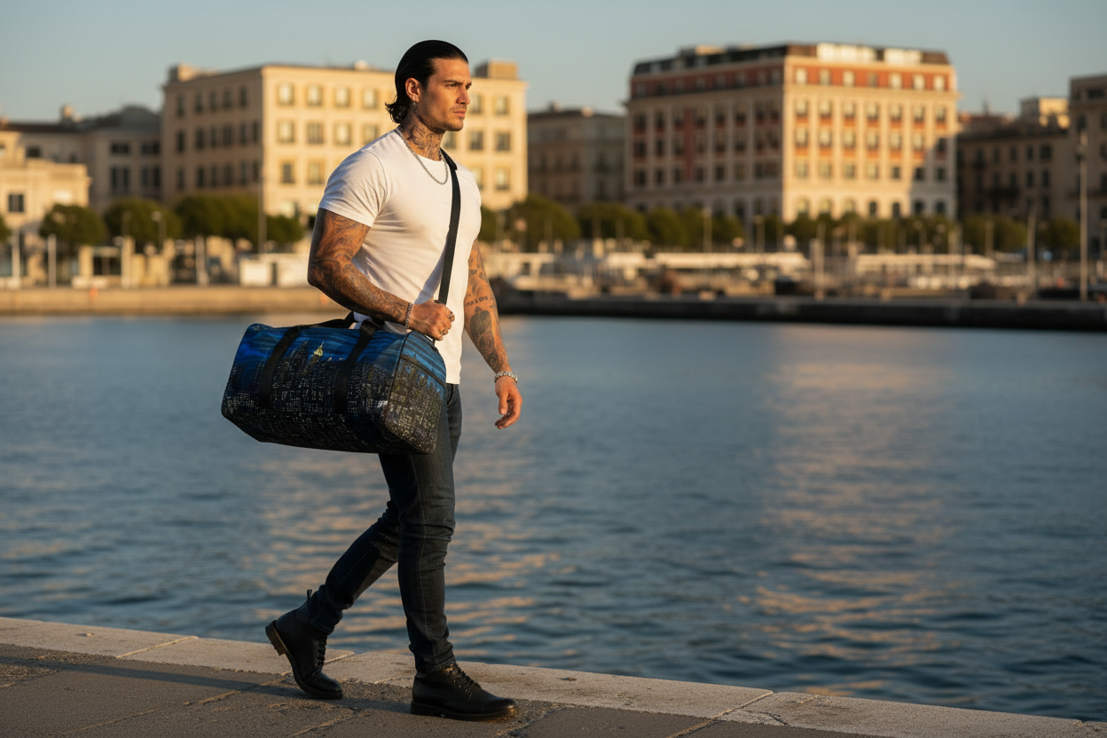 Man walking along the waterfront holding a blue Loria NYC Art duffel.