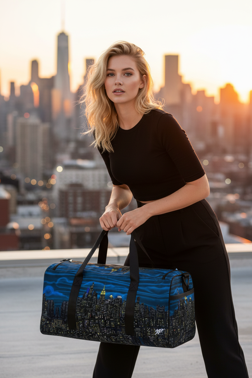 Woman holding a blue duffel bag with cityscape Loria NYC Art design against a city skyline backdrop