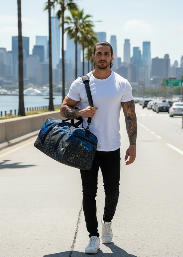 Man holding a blue Loria NYC Art duffel bag with a city skyline in the background