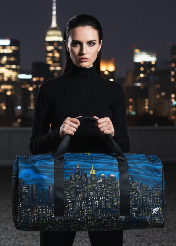 Woman holding a blue Loria NYC Art duffel bag with cityscape design against a night-time city skyline.