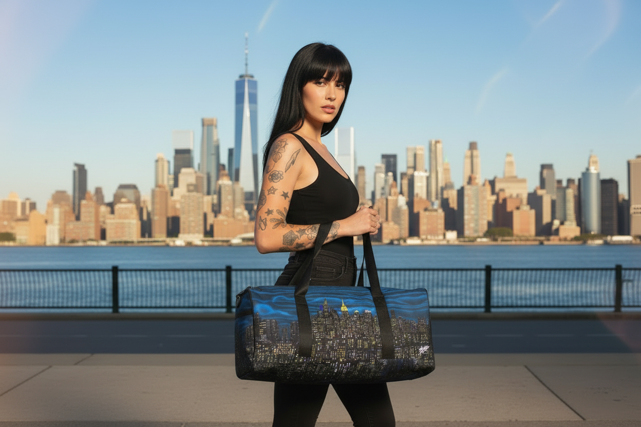 Women holding a blue Loria NYC Art duffel bag with a city skyline in the background.