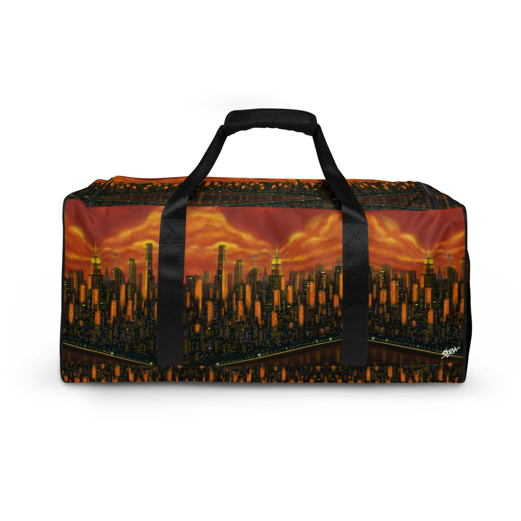 Duffel bag with Loria NYC Art sunset cityscape design on a white background