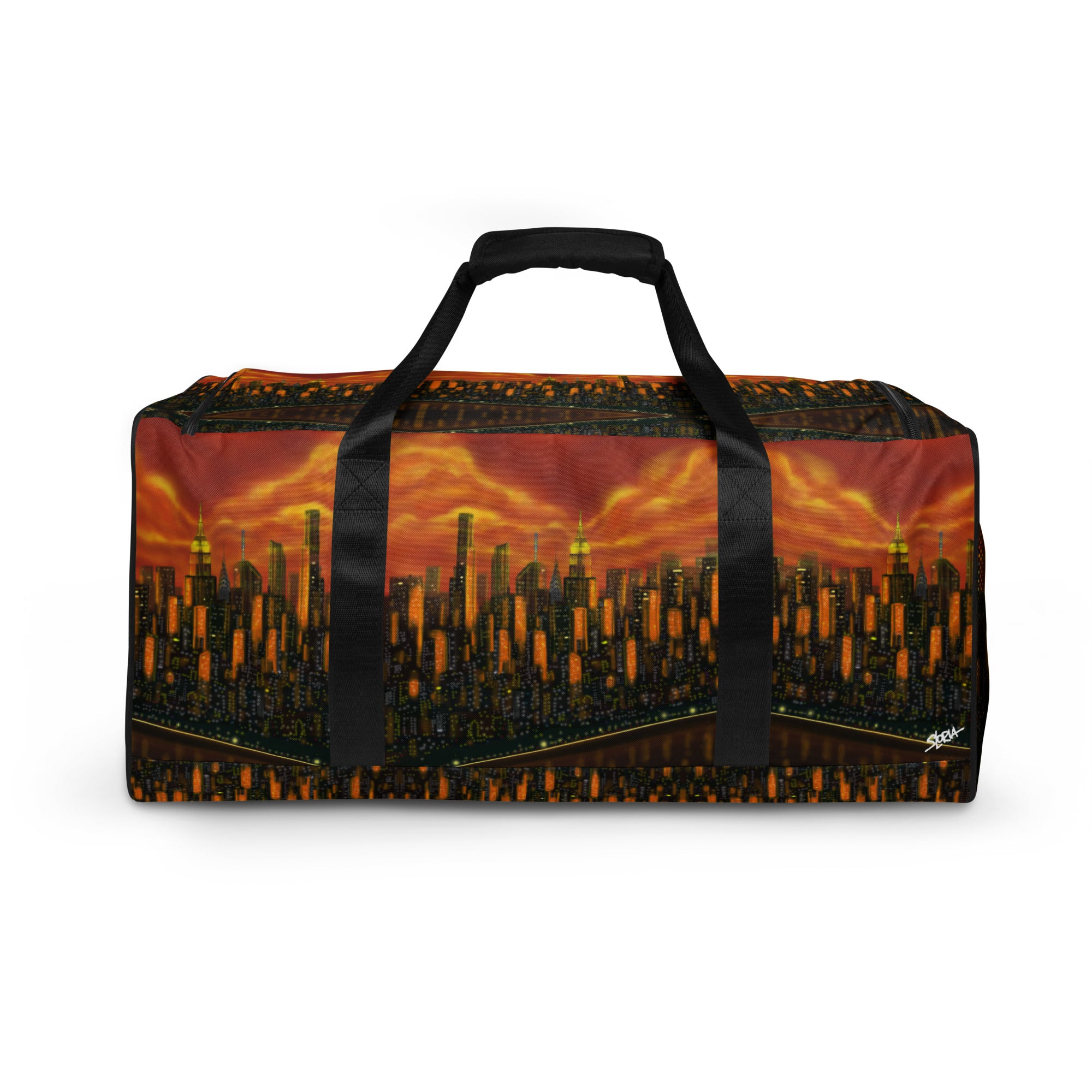 Duffel bag with Loria NYC Art sunset cityscape design on a white background