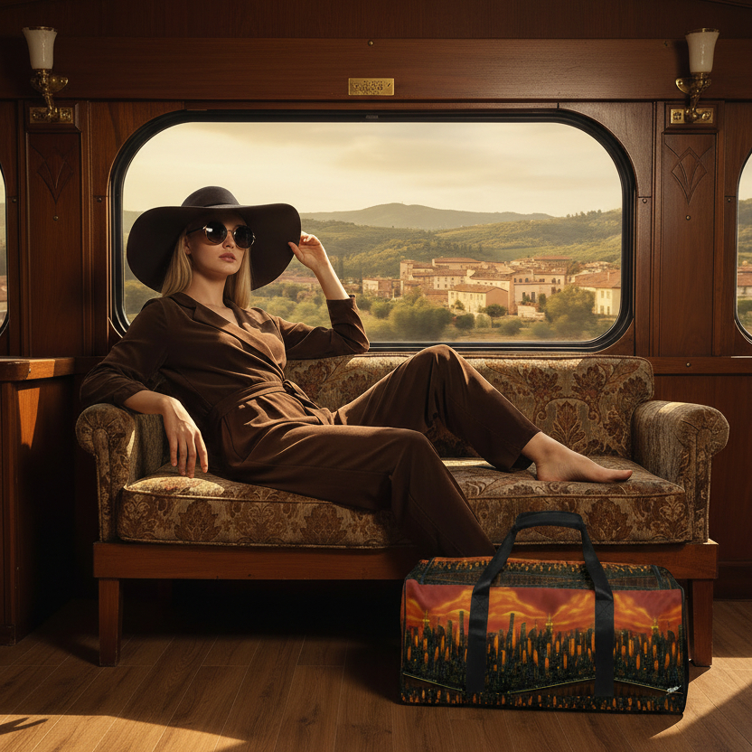 Woman sitting aside a colorful Loria NYC Art duffle bag in a vintage train car with scenic view.