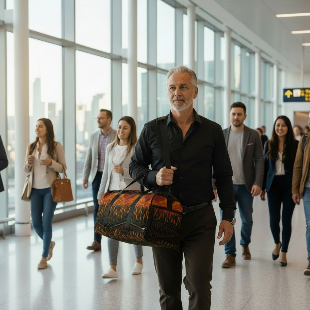 Man walking through an airport terminal with a large Loria NYC Art designed duffel bag, surrounded by other travelers.