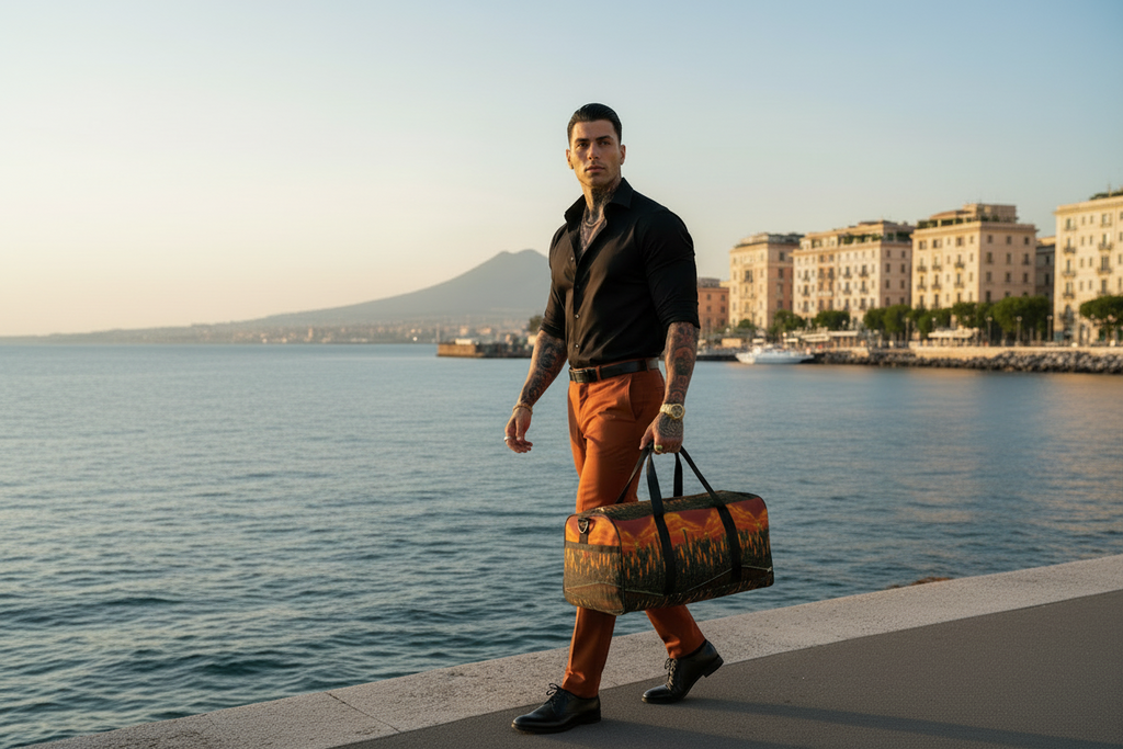 Man holding a Loria NYC Art bag by a waterfront with buildings in the background