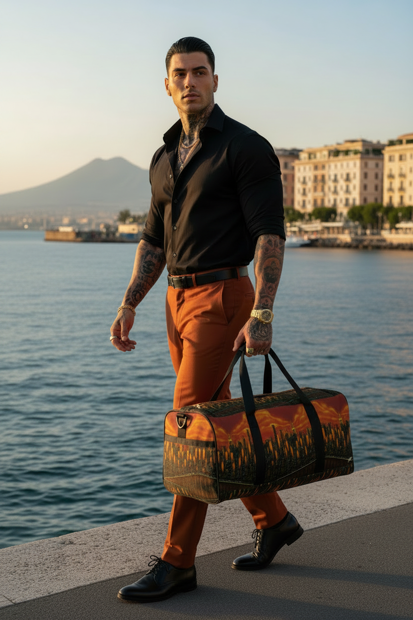 Dressed man in black shirt walking with a skyline Loria NYC Art orange duffle bag in Europe.