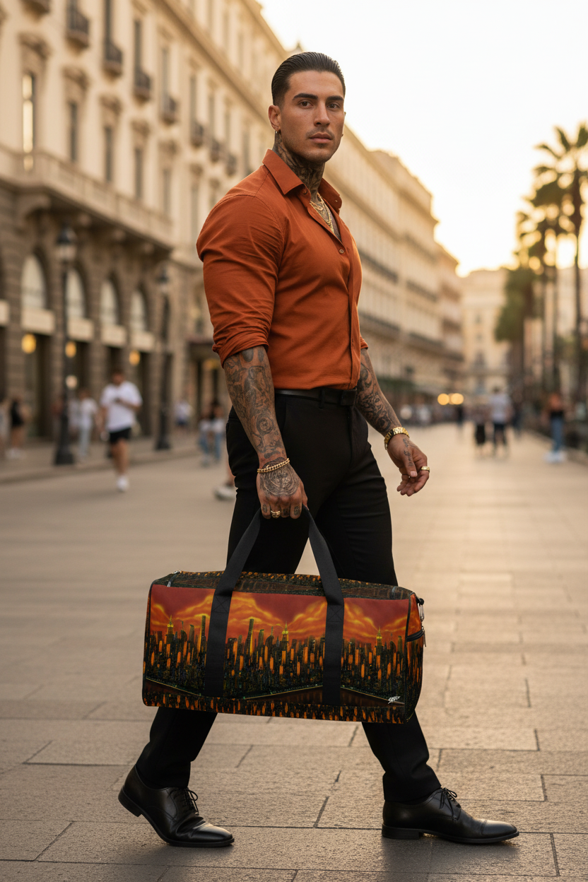 Dressed man walking with a skyline Loria NYC Art duffle bag in Europe.