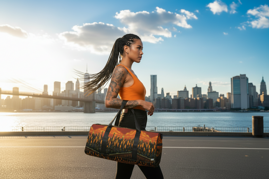 Women holding a colorful Loria NYC Art duffle bag with a skyline setting.