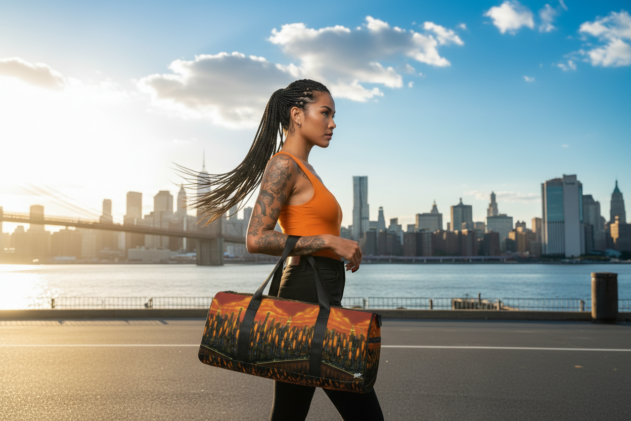 Women holding a colorful Loria NYC Art duffle bag with a skyline setting.