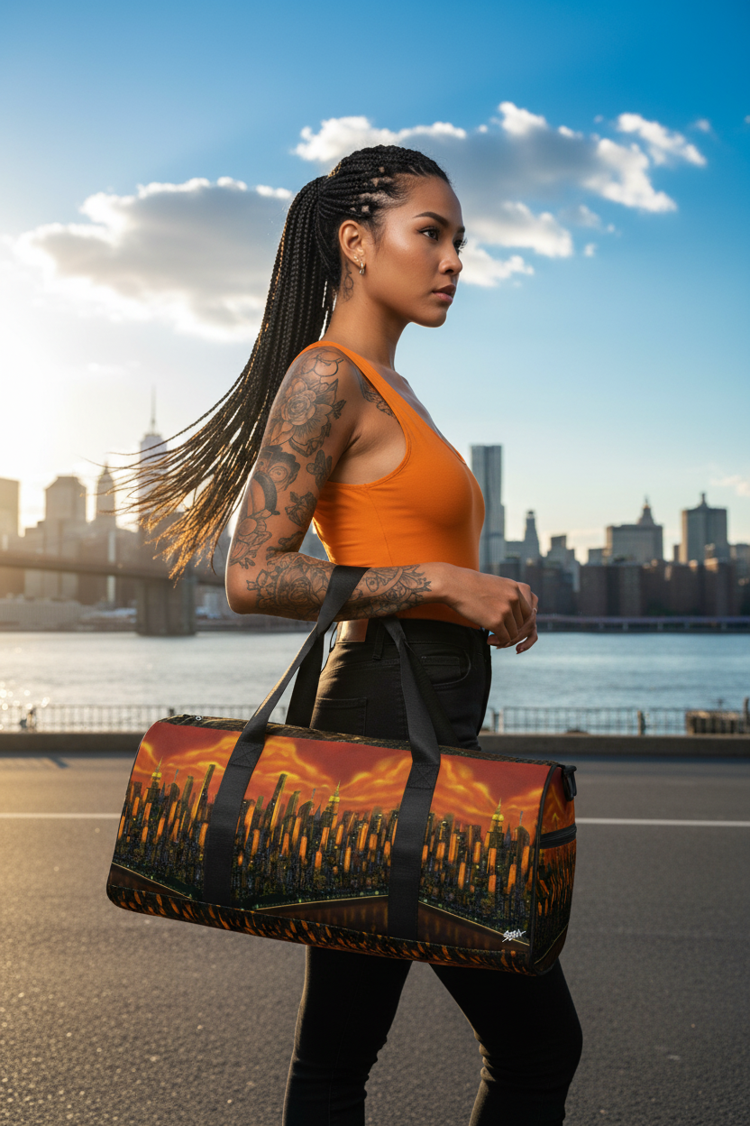 Woman holding a duffel bag with a sunset Loria NYC Art design by a waterfront with city skyline.