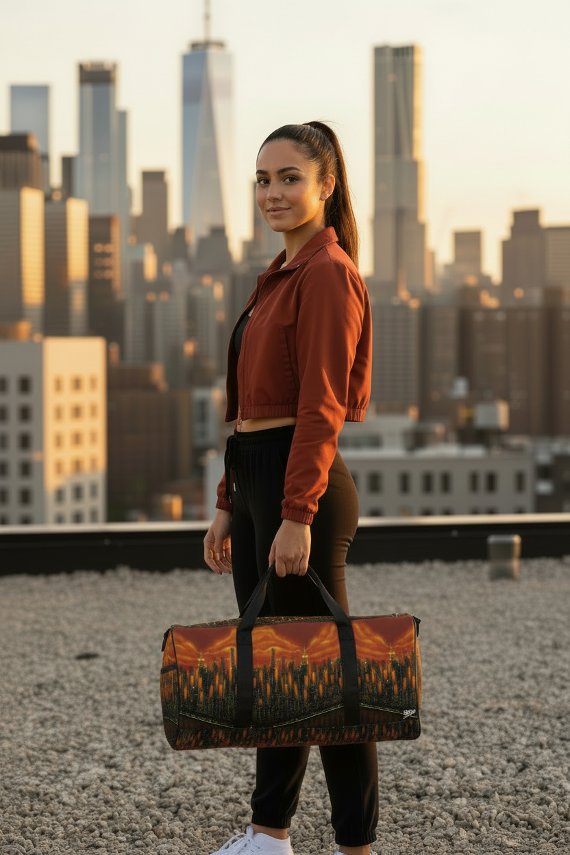Women holding a Loria NYC Art orange skyline duffle bag on a rooftop.