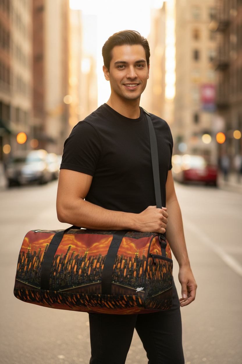 Man holding a Loria NYC Art orange skyline duffle bag in an urban setting.