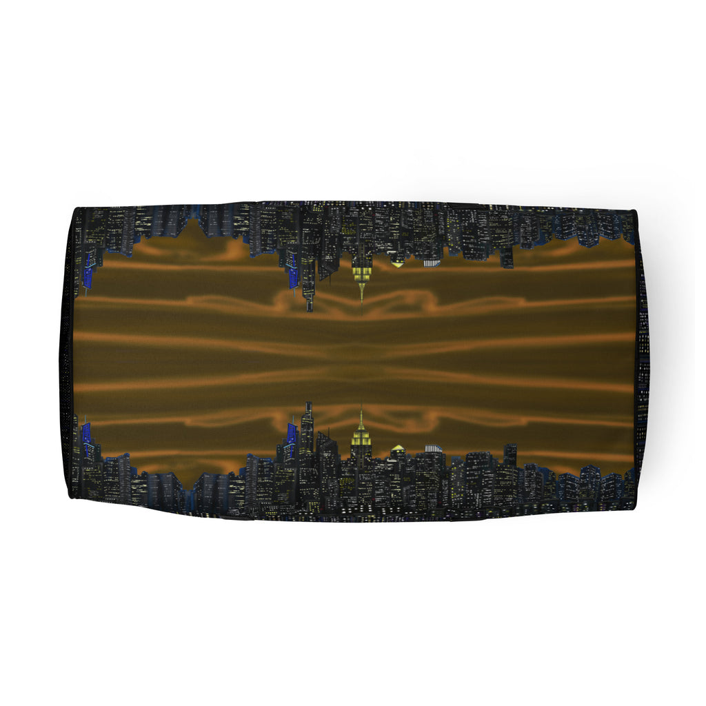 Duffle bag with NY cityscape design by Loria NYC Art  on a white background