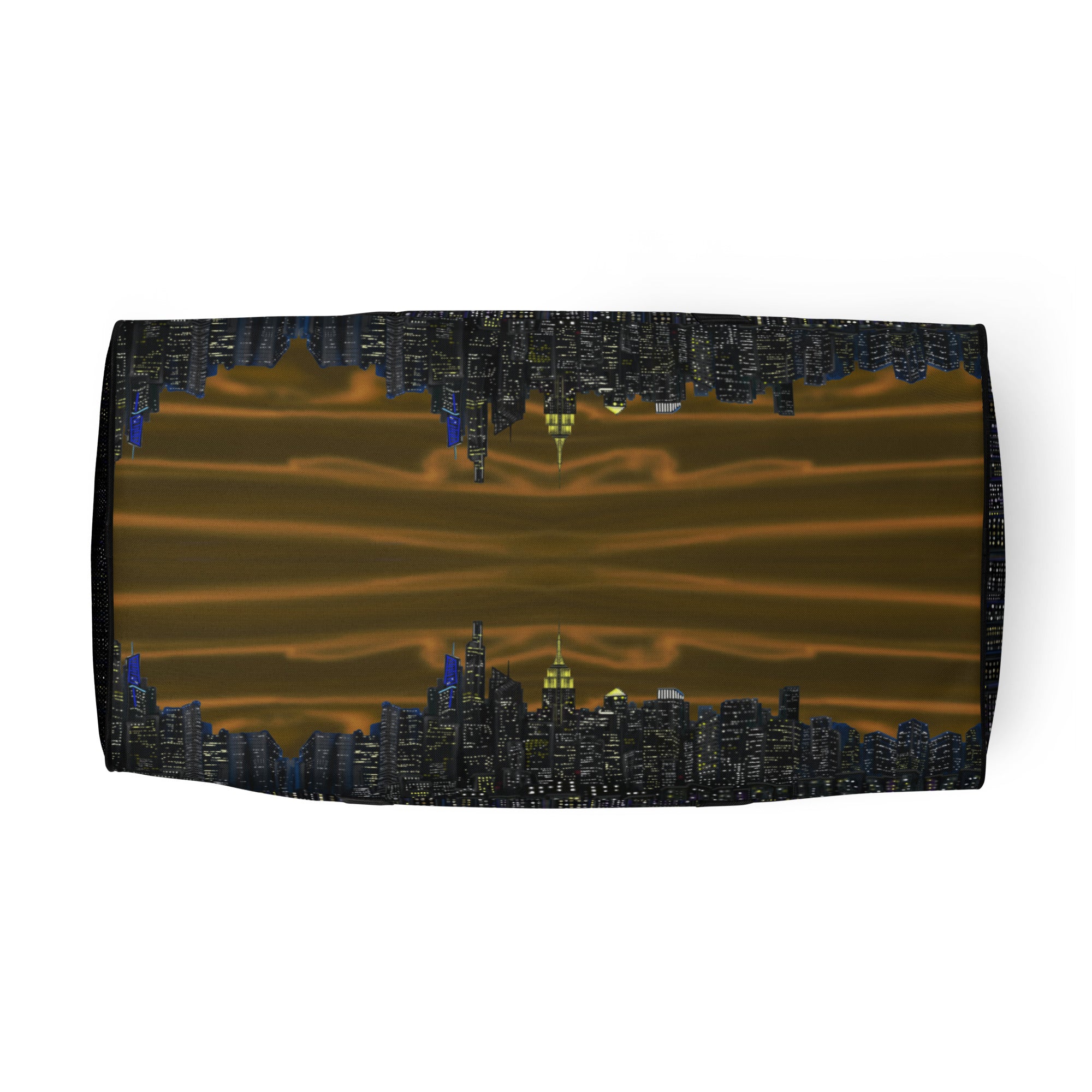 Duffle bag with NY cityscape design by Loria NYC Art  on a white background