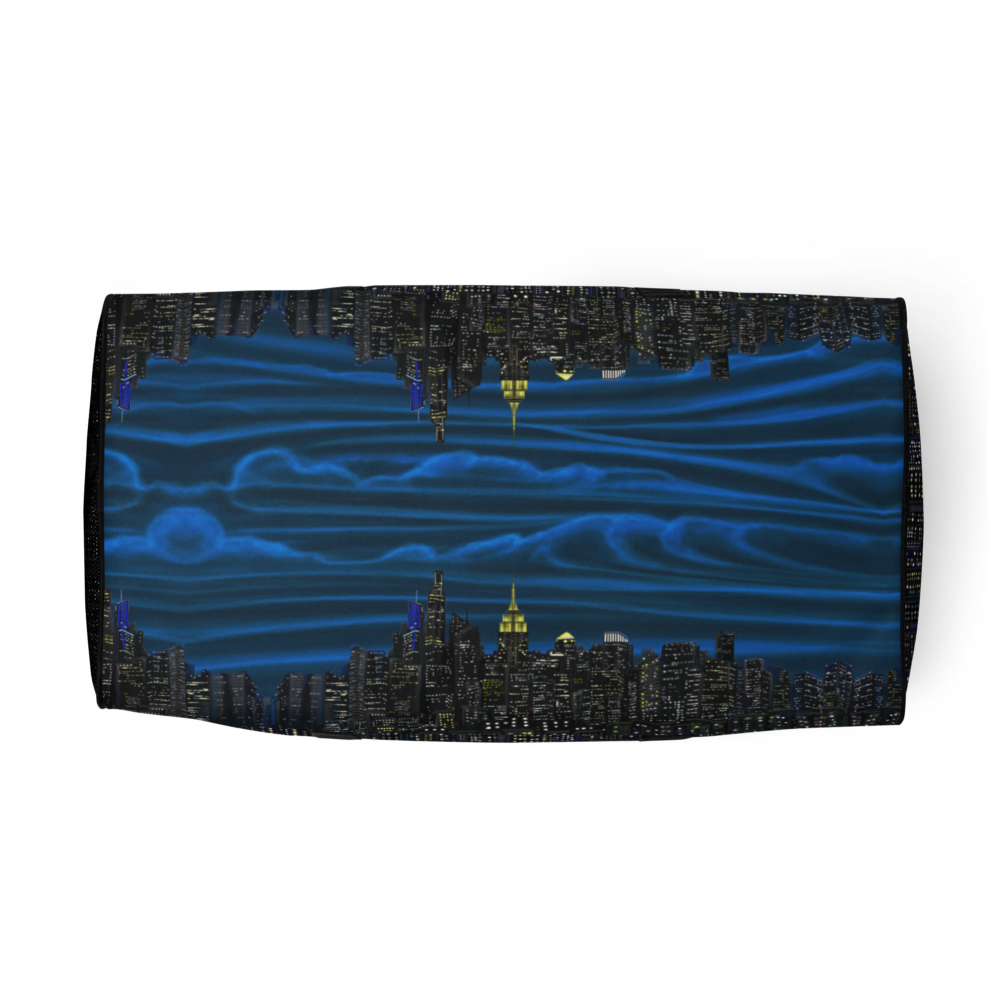 Folded fabric with a cityscape design featuring buildings and blue wavy patterns on a white background