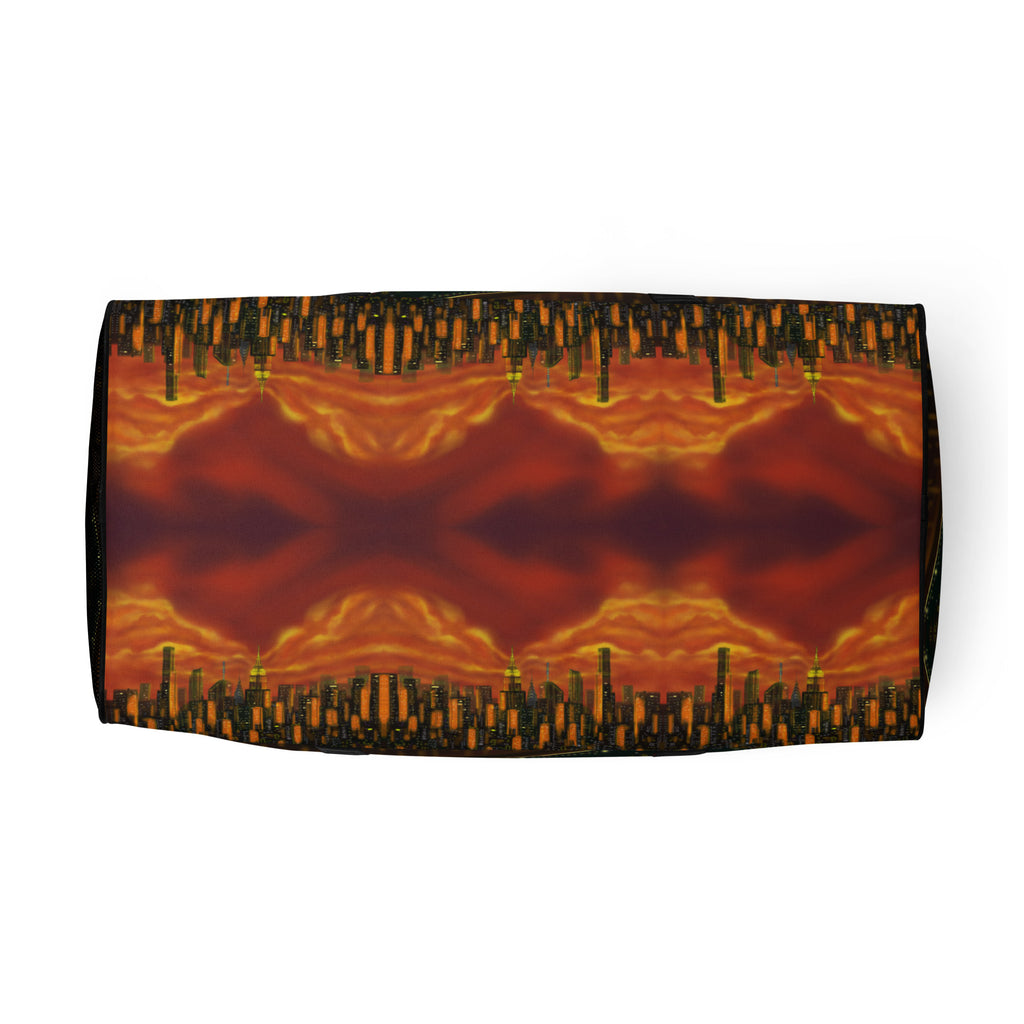 Bottom of Duffel bag with Loria NYC Art sunset cityscape design on a white background