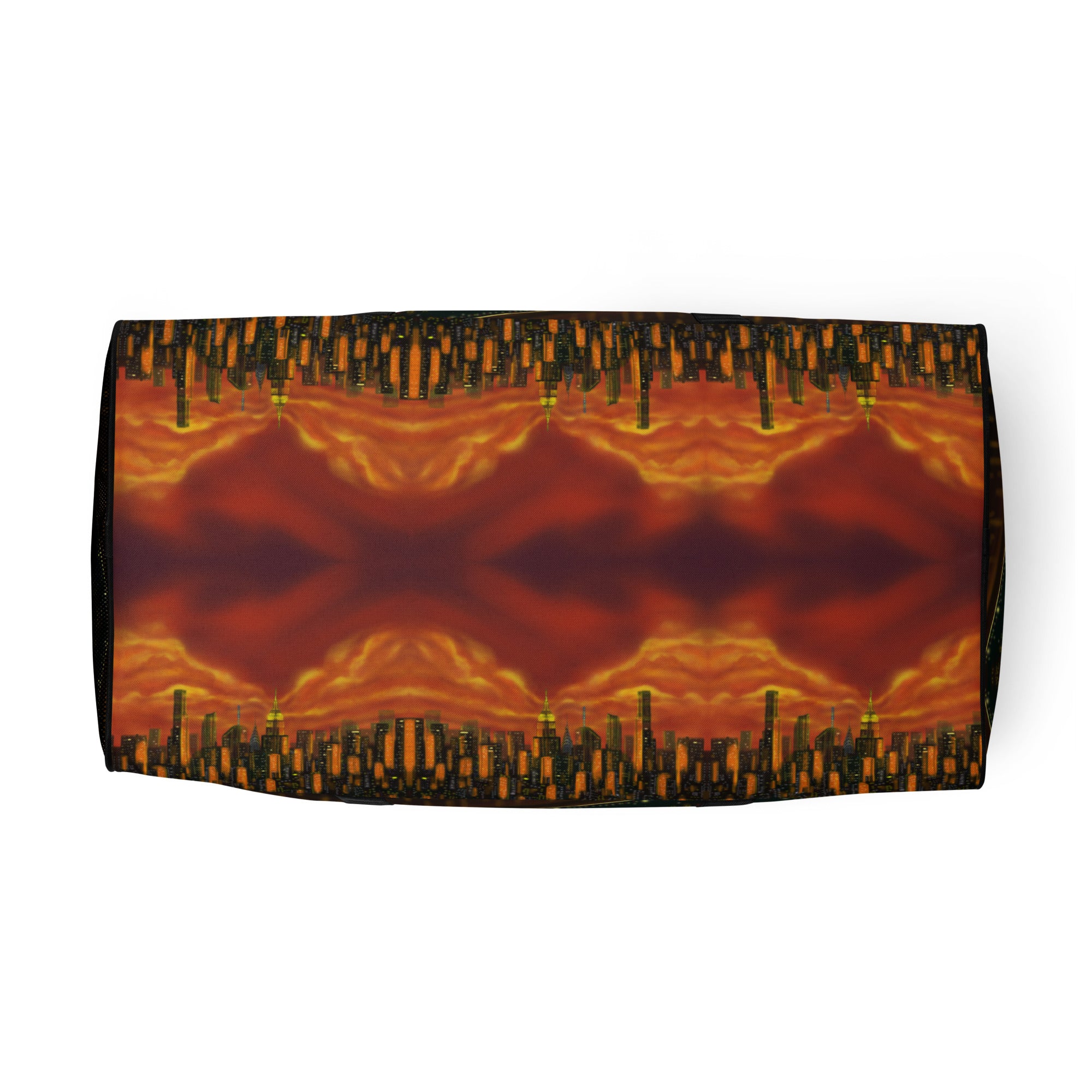 Bottom of Duffel bag with Loria NYC Art sunset cityscape design on a white background