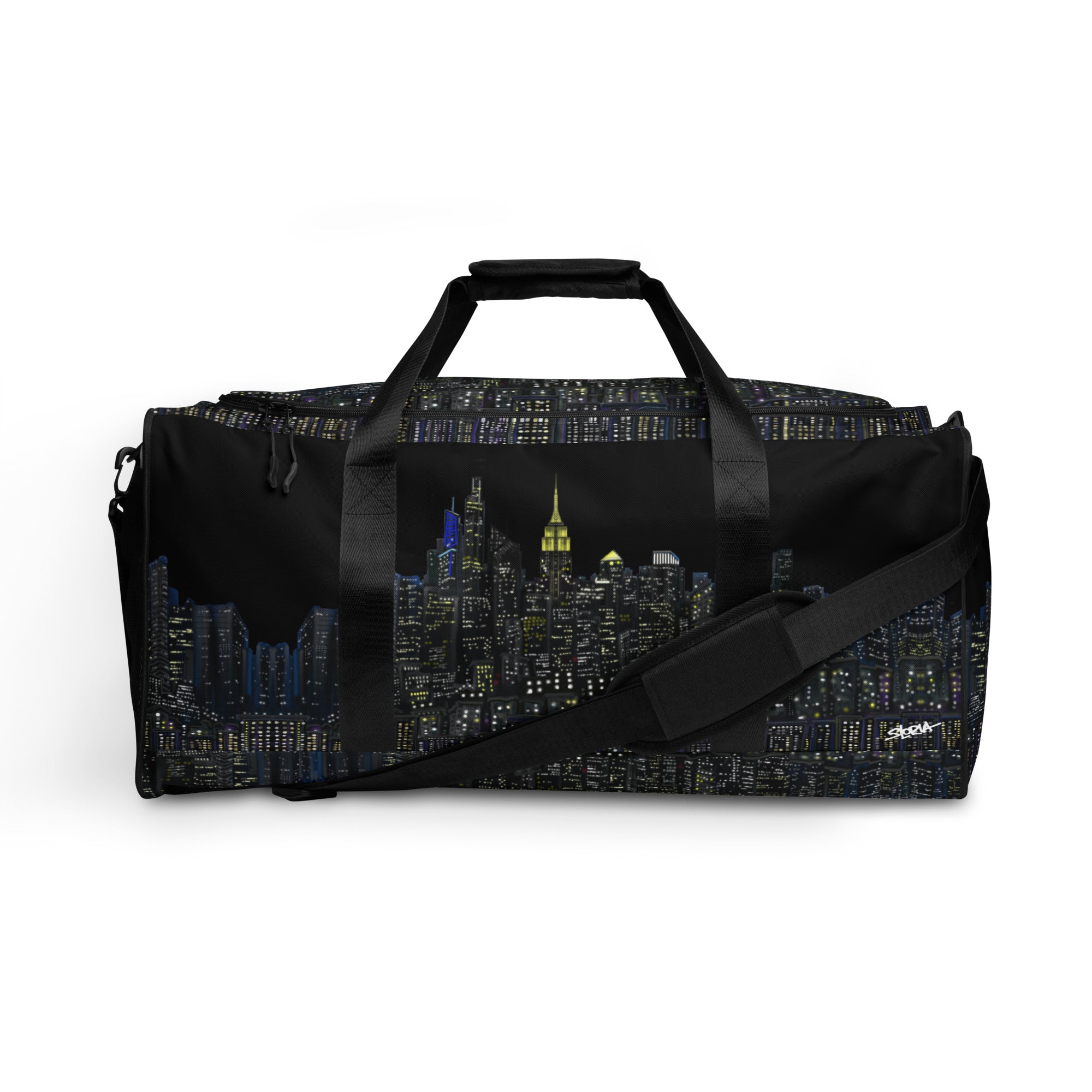 Duffle bag with cityscape Loria NYC Art design on a white background