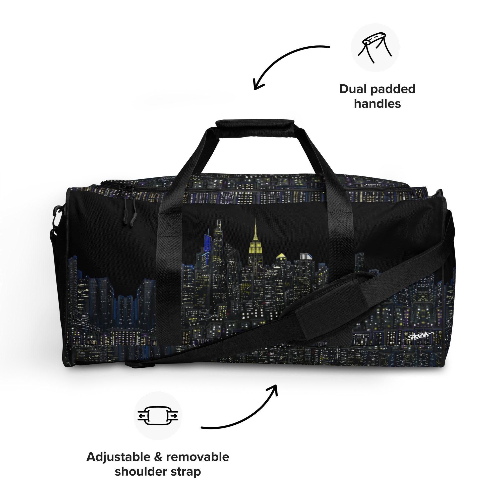 Black duffel bag with NY cityscape designed by Loria NYC Art on a white background