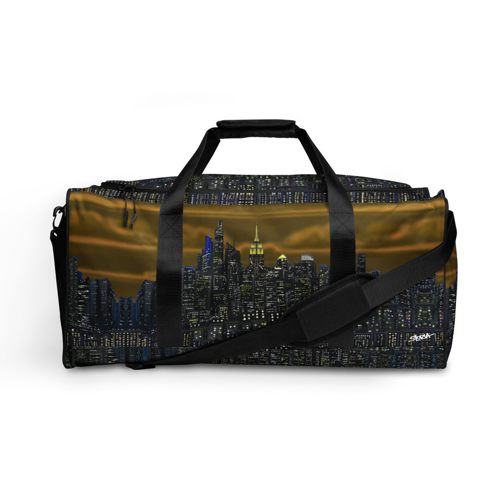 Duffle bag with NY cityscape design by Loria NYC Art  on a white background