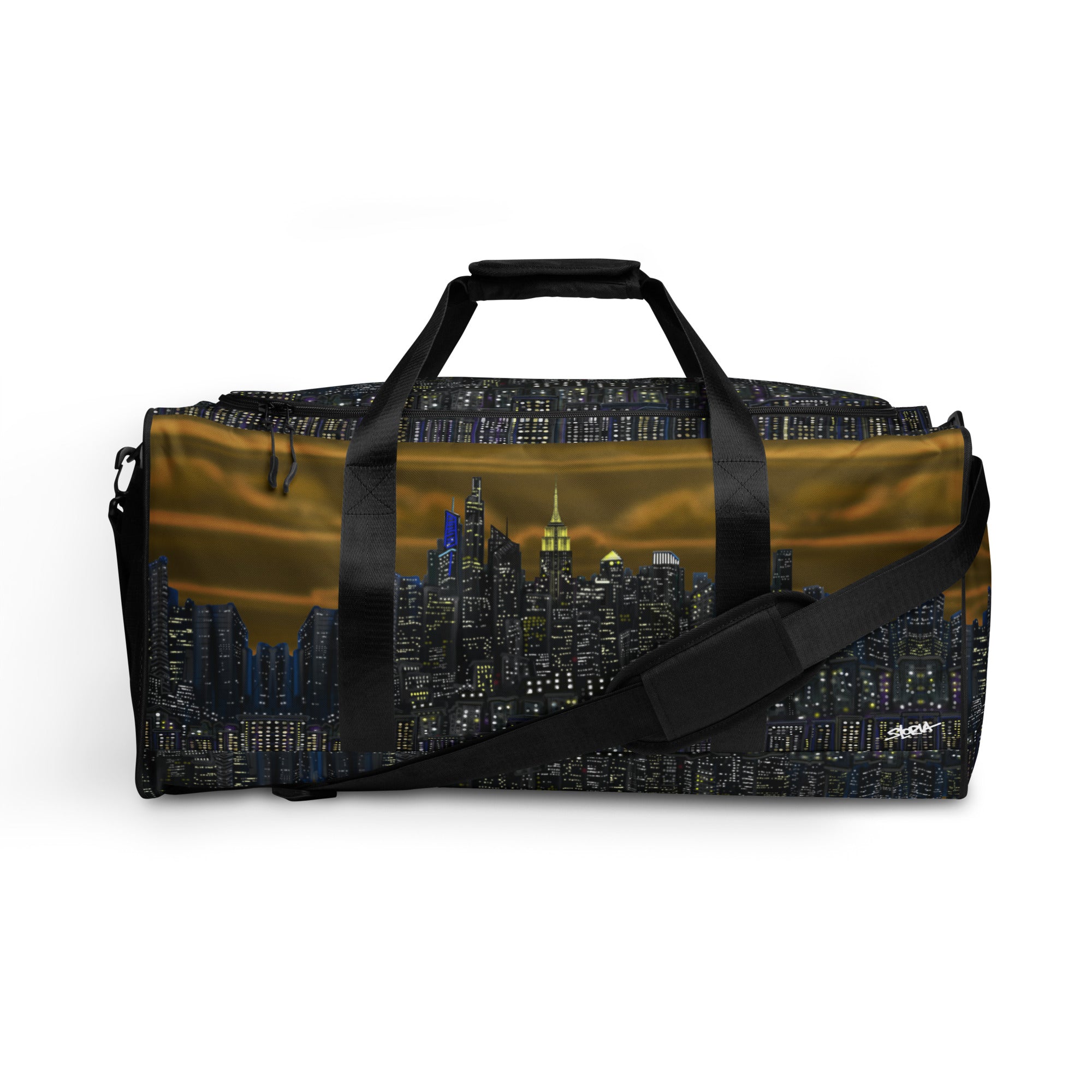 Duffle bag with NY cityscape design by Loria NYC Art  on a white background