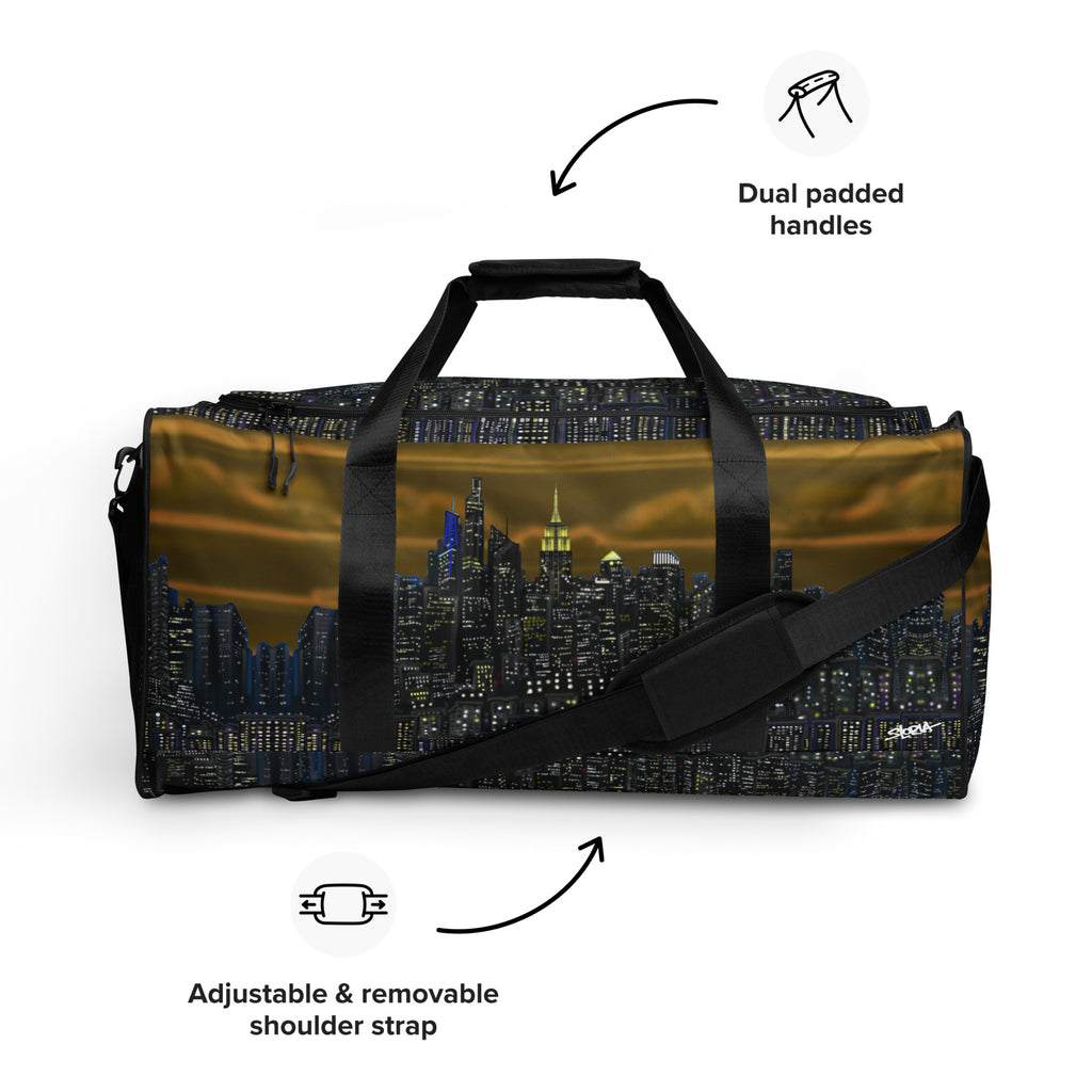 Brown Duffle bag with NY cityscape design by Loria NYC Art  on a white background