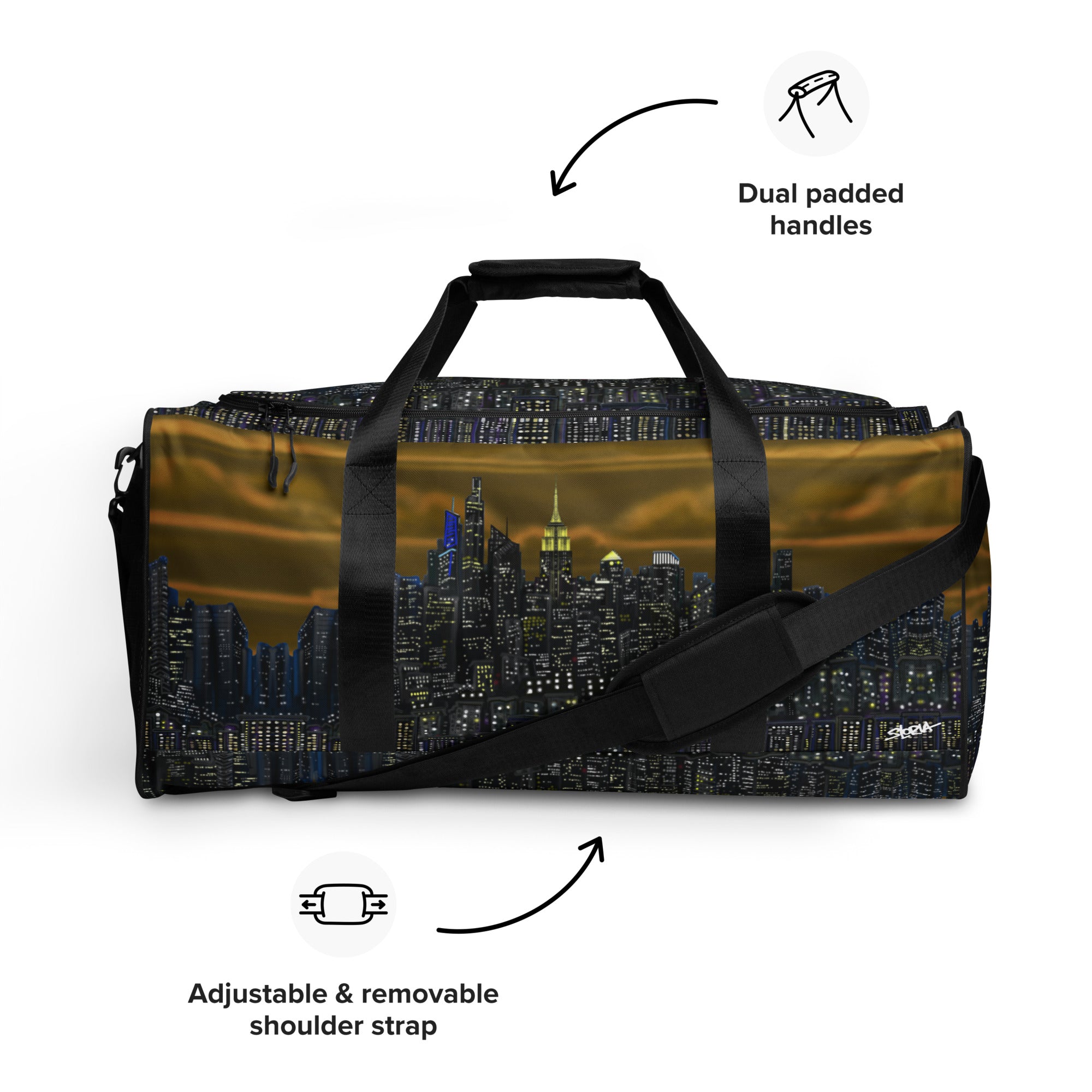 Brown Duffle bag with NY cityscape design by Loria NYC Art  on a white background